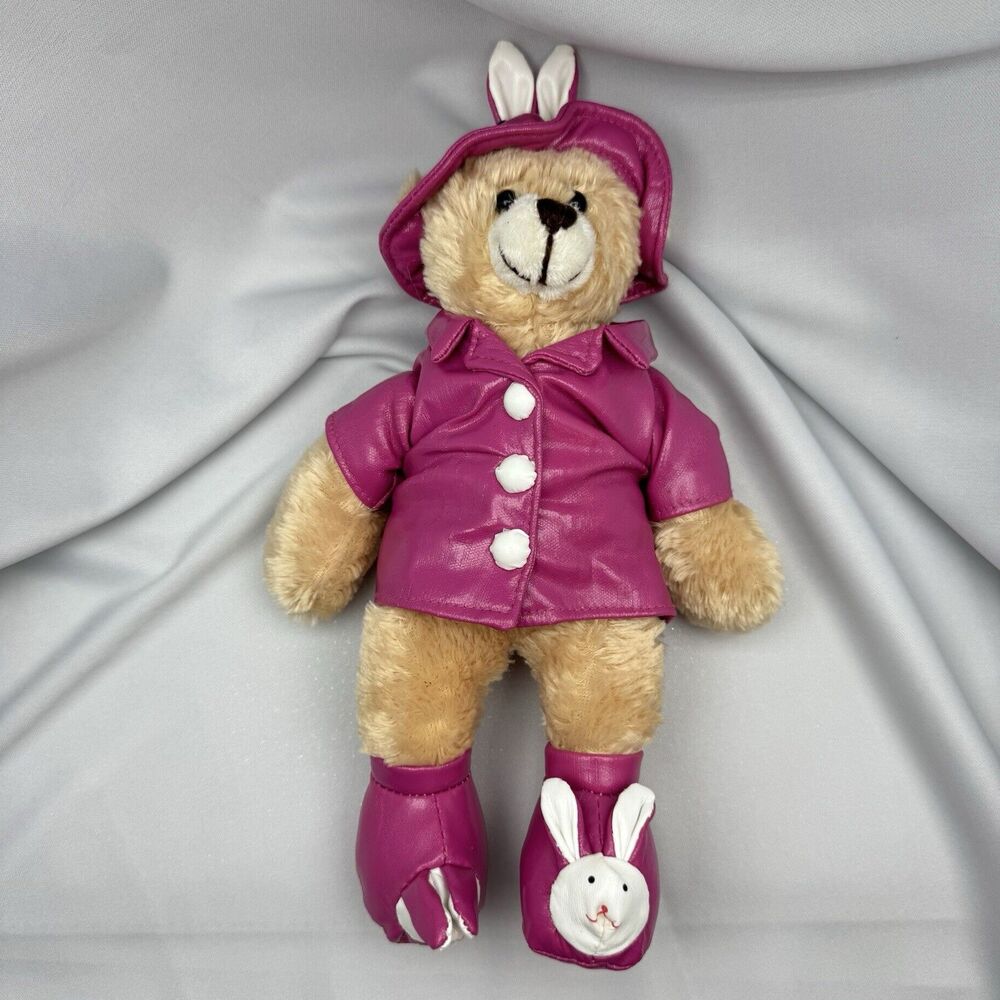 Teddy Bear Plushland 2006 Bear in Pink with Bunny Hat and Rain Boots 9.5" Toy
